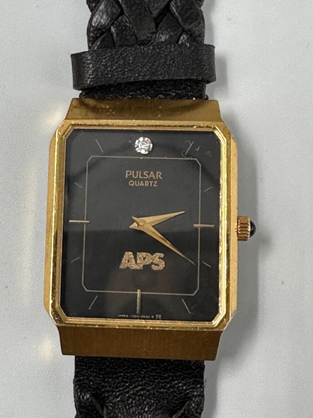 Vintage Pulsar Men Watch Gold Tone Black Dial APS Logo Leather Band New Battery